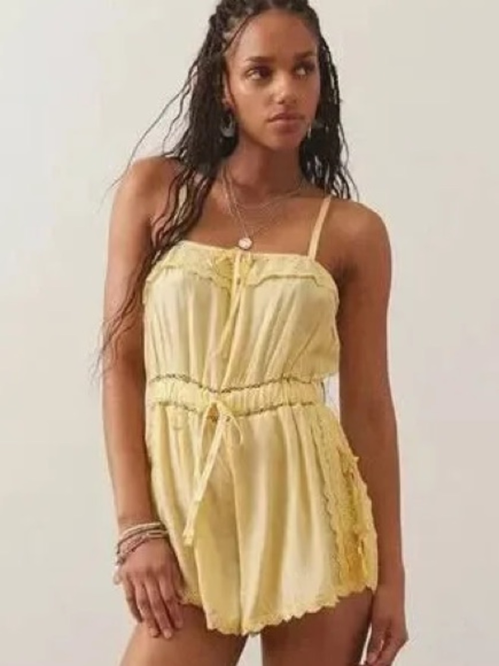 NWOT Urban Outfitters Sail Away Yellow Silky Spaghetti‑Strap Lace Romper